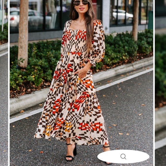 Fate Printed Pocketed Smocked Midi Dress Brown Multi Puffy Sleeves Square Neck M - Picture 3 of 16